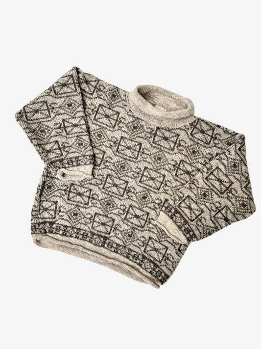 Kids vintage cream and beige colour lightweight jumper with geometric 'envelope' pattern and roll neck. Age 3 years.