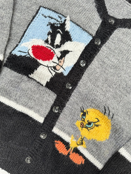 Grey and Black Knitted Cardigan with the cartoon characters Sylvester Cat and Tweety Bird.