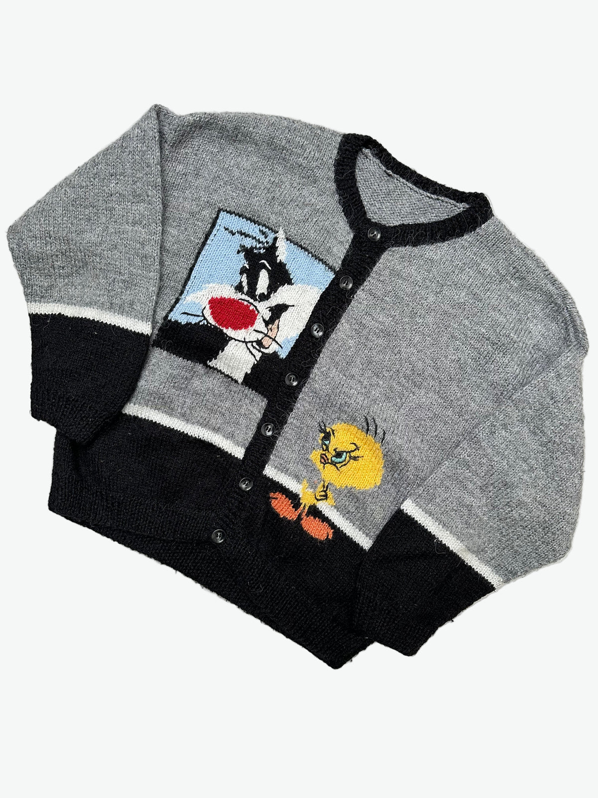 Grey and Black Knitted Cardigan with the cartoon characters Sylvester Cat and Tweety Bird.