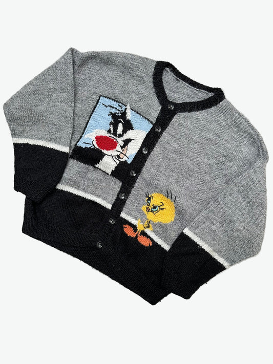Grey and Black Knitted Cardigan with the cartoon characters Sylvester Cat and Tweety Bird.