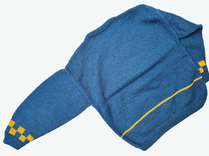 Kids vintage Blue knitted jumper with yellow pattern on a light gray background