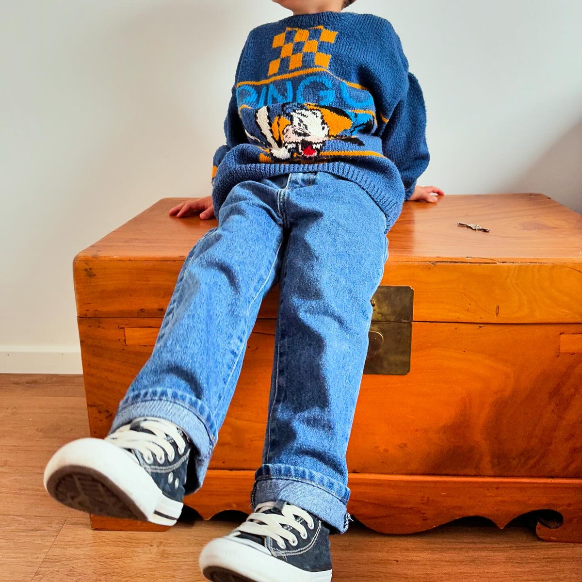 Kids vintage knit jumper with a dog illustration and 'Dingo' text on a blue  background with yellow checkerboard details.