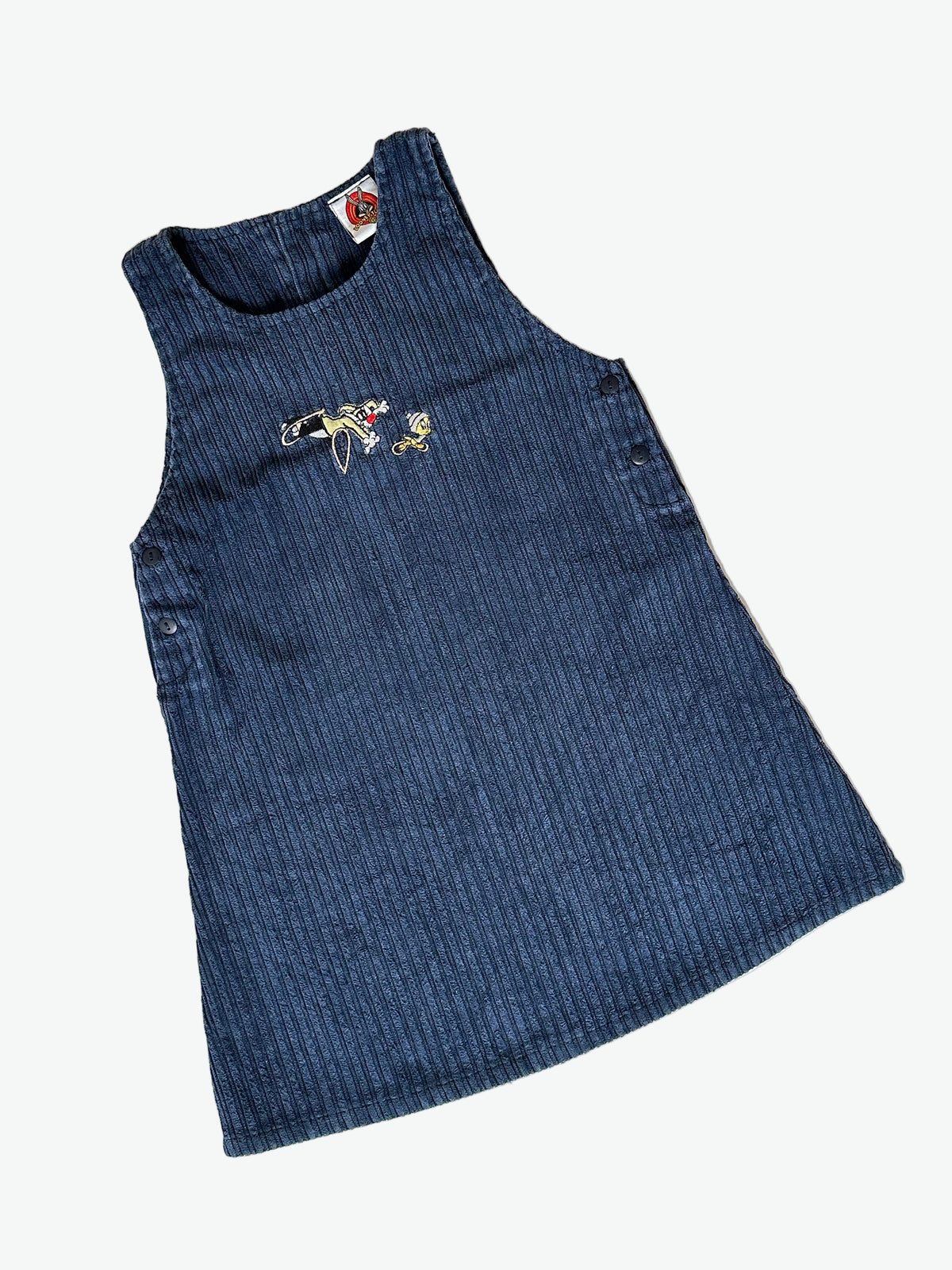 Navy blue chunky corduroy shift dress with embroidery designs on a white background