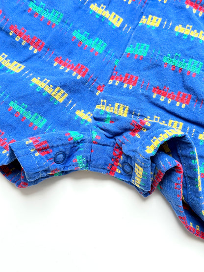 Kids vintage OshKosh short dungarees, with allover multi-colour train embroidery - very special. Age 18 months. Made in USA.