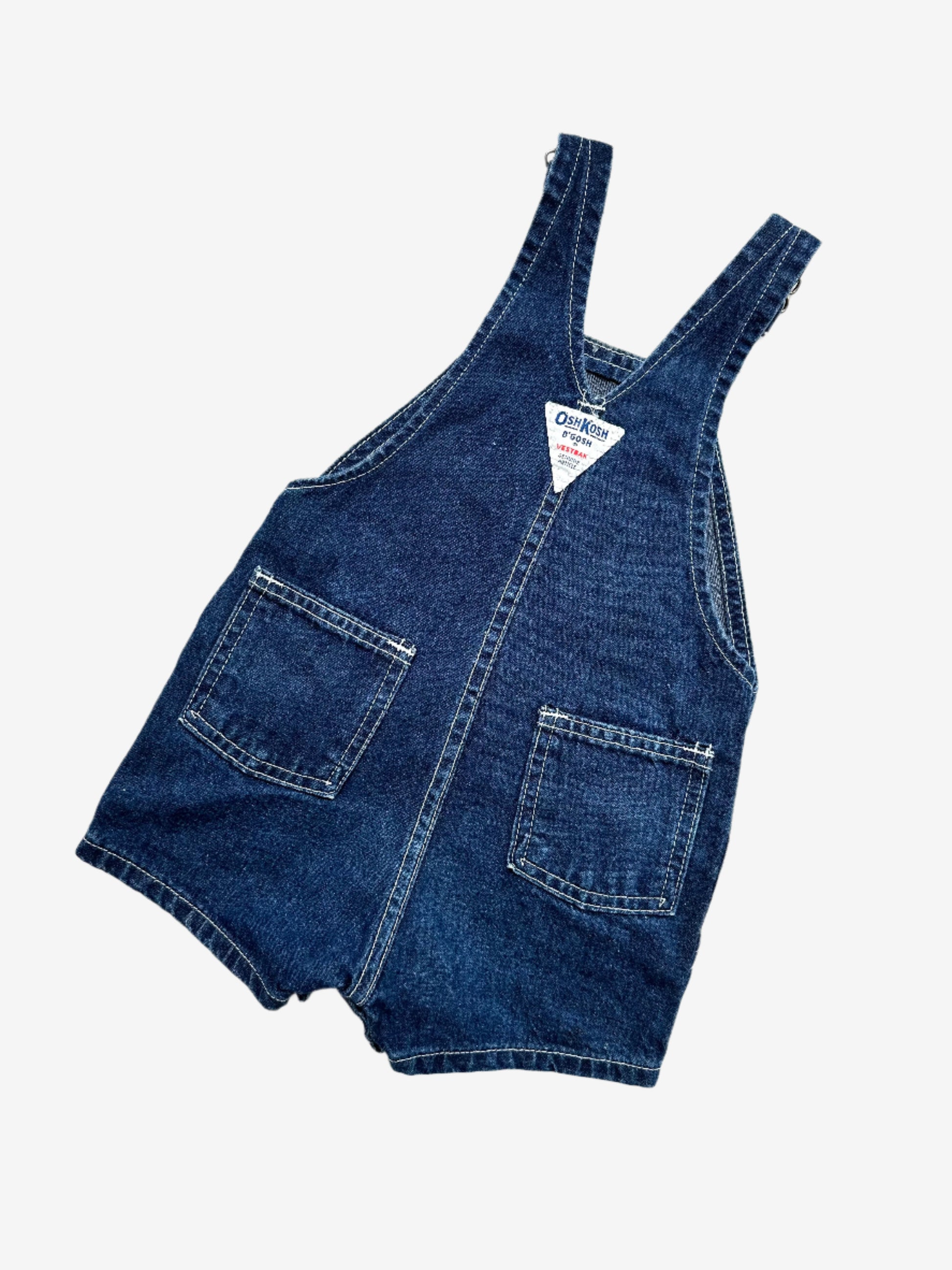 Kids vintage OshKosh short dungarees, in dark denim with contrast stitching - perfection! Age 1 -2 years. A classic.