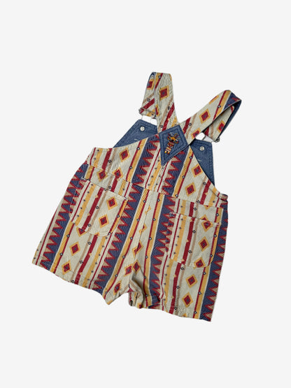 Vintage Prenatal Aztec patterned dungaree shorts, age 12 months, Embroidery detail.