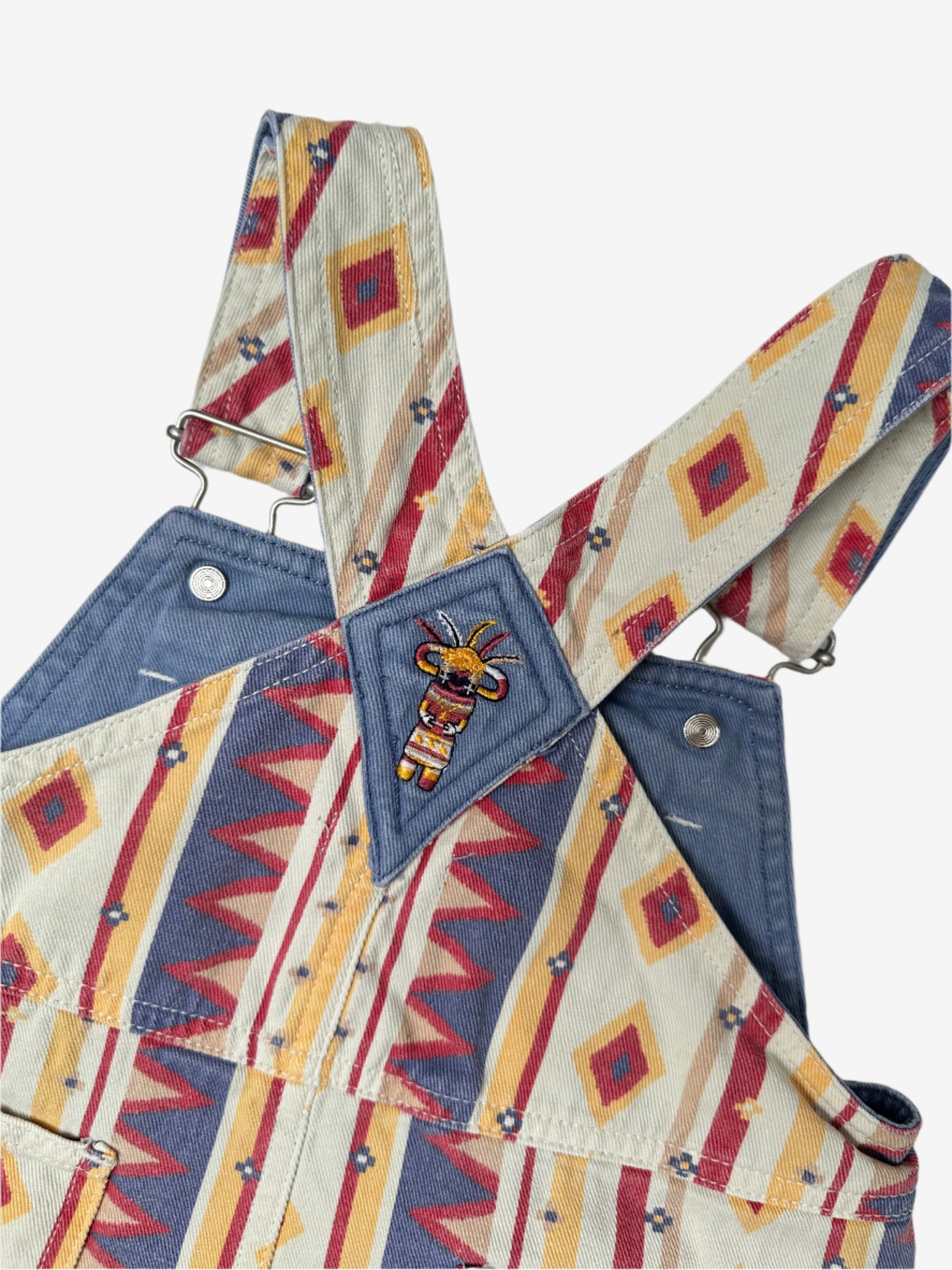 Vintage Prenatal Aztec patterned dungaree shorts, age 12 months, Embroidery detail.