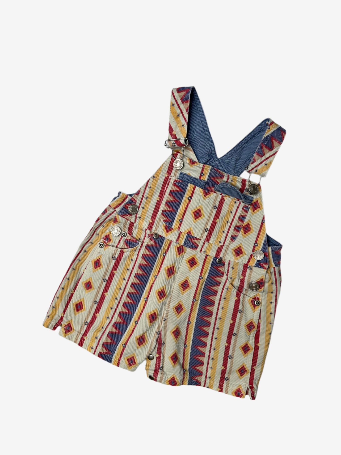 Vintage Prenatal Aztec patterned dungaree shorts, age 12 months.