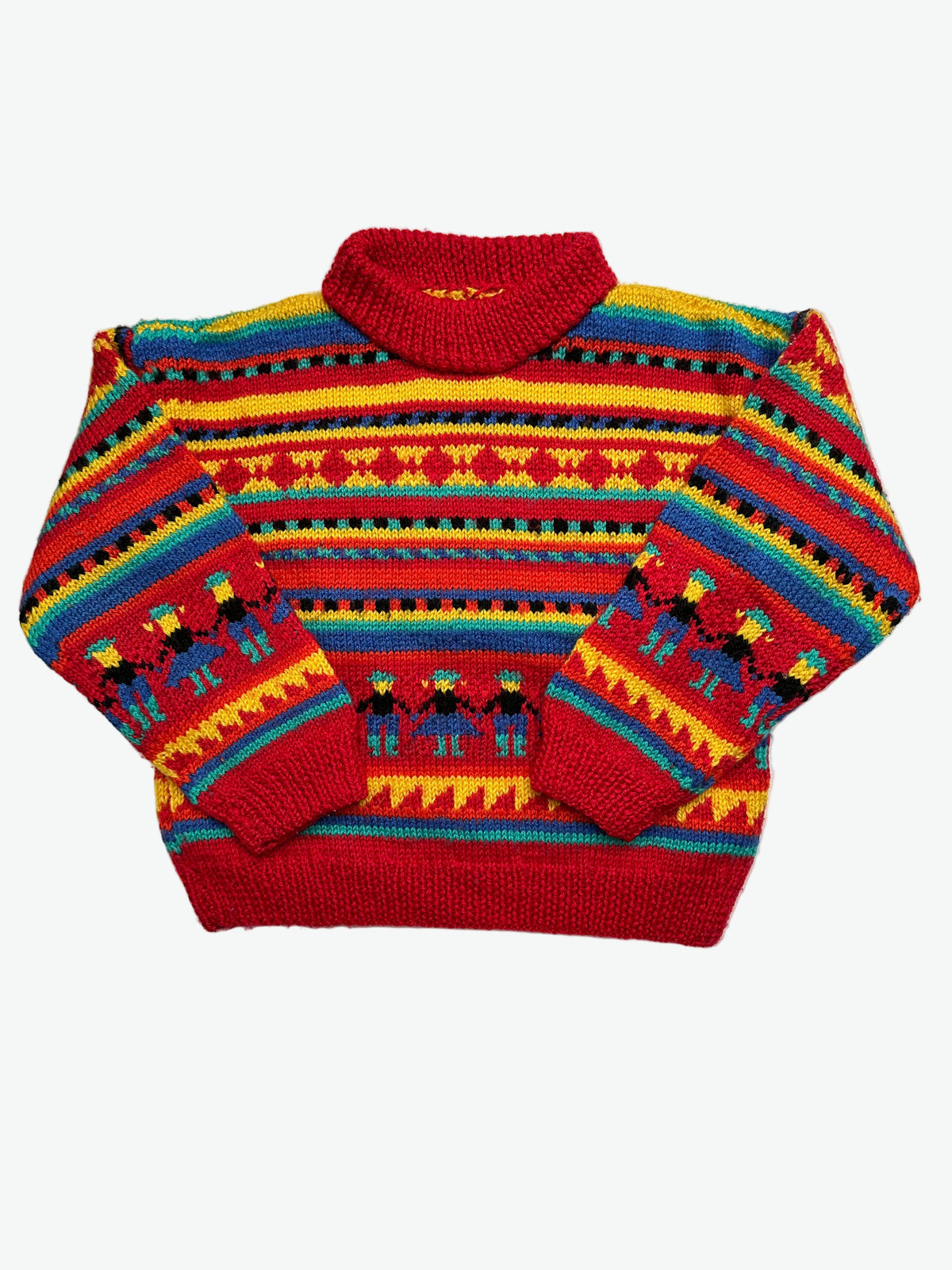 Kids vintage colourful hand knitted jumper with geometric pattern and little figures on a white background