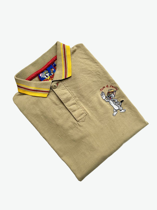 kids vintage polo shirt in beige with yellow and red collar trim with characters Tom & Jerry embroidered. Age 10 years.