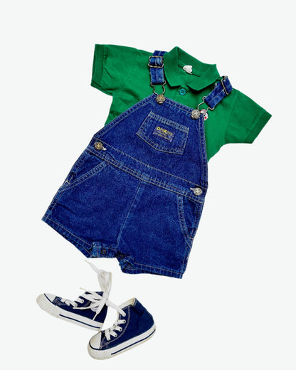 Kids vintage outfit, green polo shirt with denim Oshkosh dungarees and converse. Age 6-12 months.