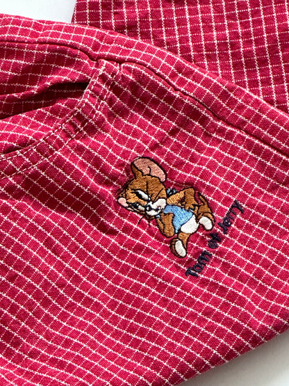 Kids vintage 90's red check relaxed trousers, Tom & Jerry embroidery detail, Age 12 months. 