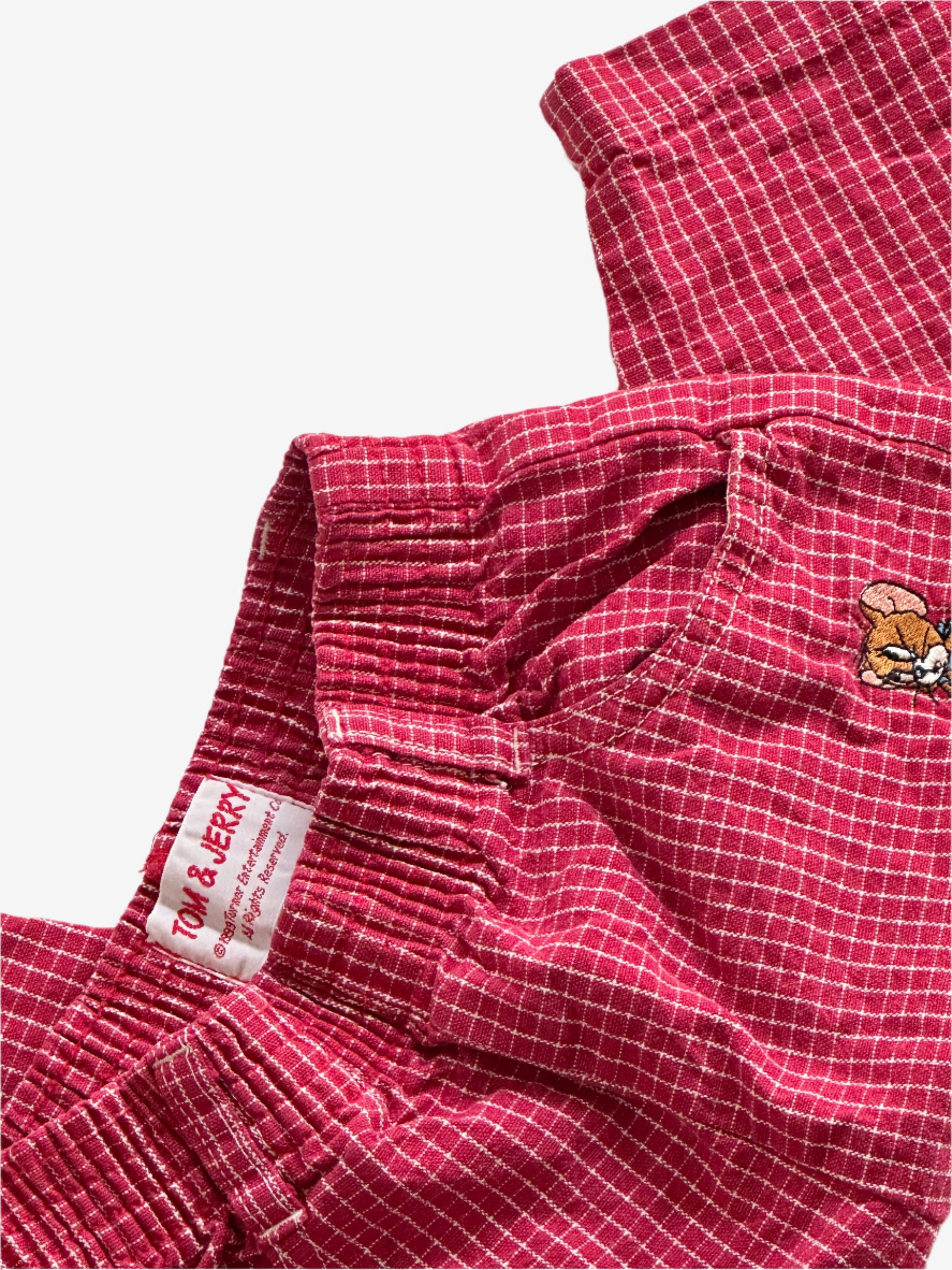 Kids vintage 90's red check relaxed trousers, Tom & Jerry embroidery detail, Age 12 months. 