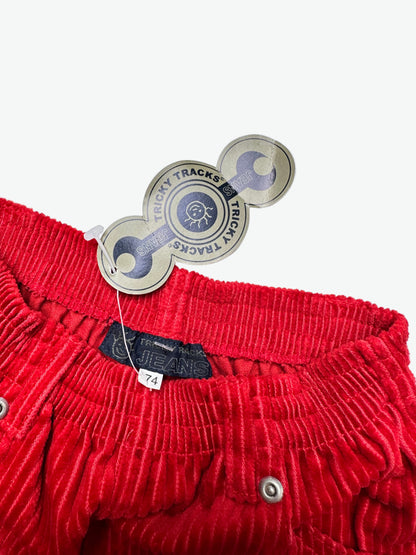 Close up of Red corduroy trousers on a white background