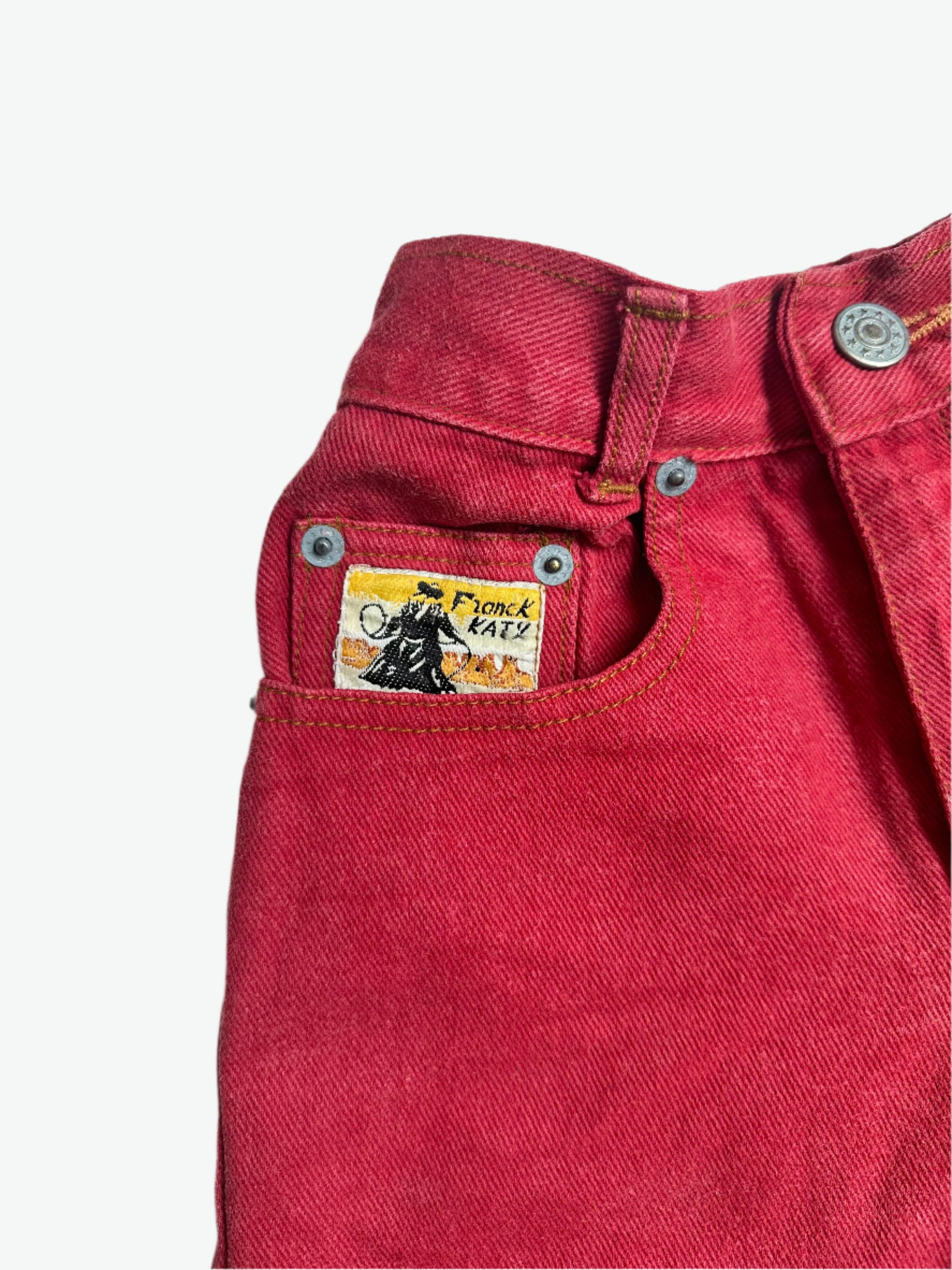 Kids vintage red denim shorts with tan stitching and badge on back pocket. Age 6 years.