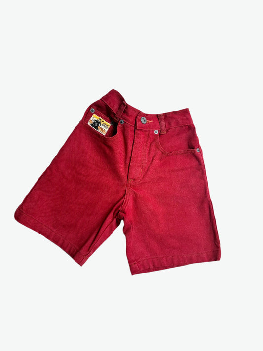 Kids vintage red denim shorts with tan stitching and badge on back pocket. Age 6 years.
