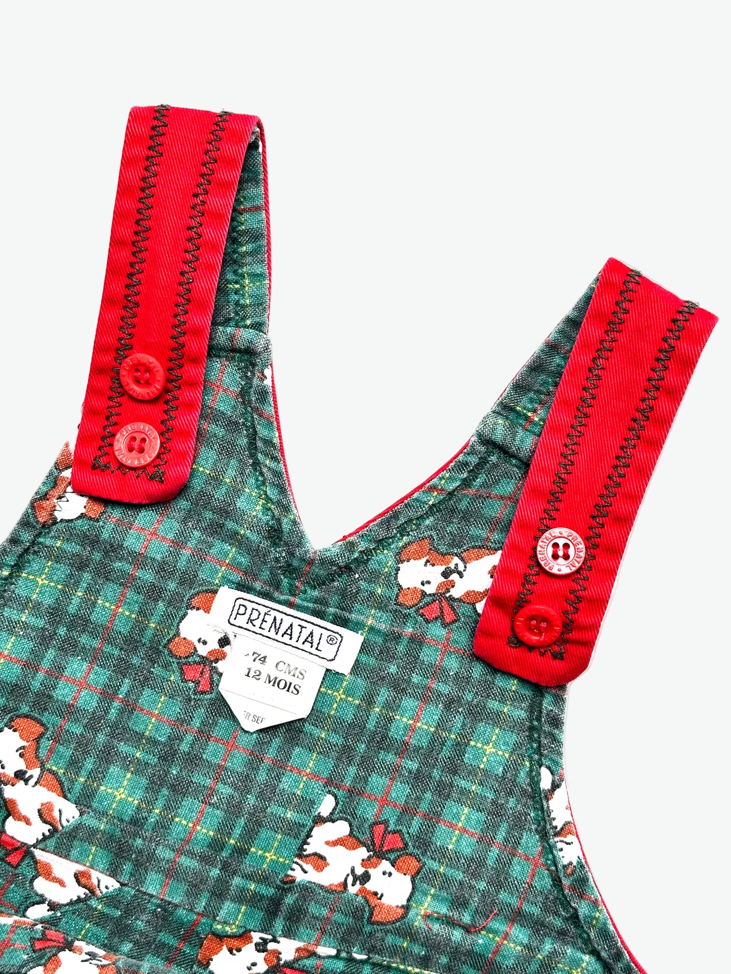 Kids vintage Red dungarees with a little dog embroidery on a white background