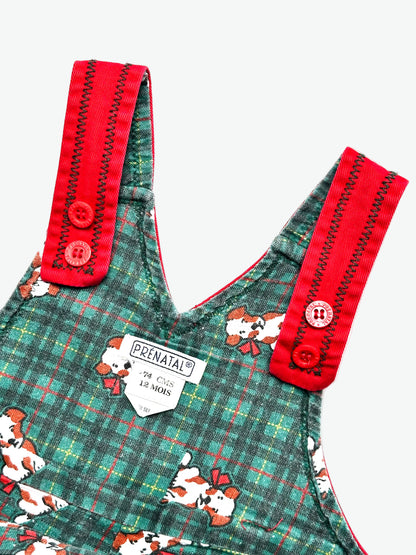 Kids vintage Red dungarees with a little dog embroidery on a white background