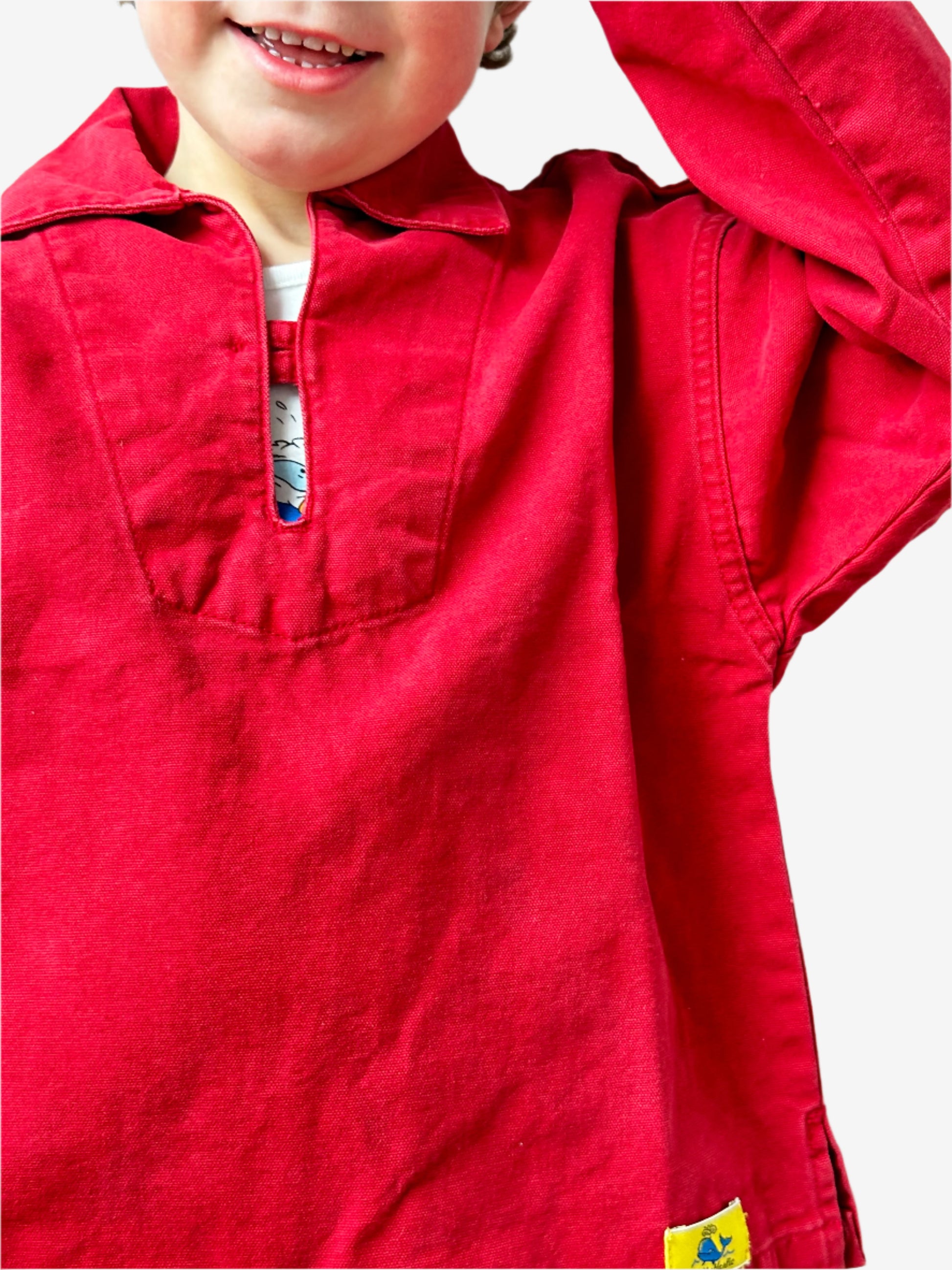 Kids Vintage Fisherman Smock Top in canvas material and classic vintage red with yellow badge. Age 6 yrs.
