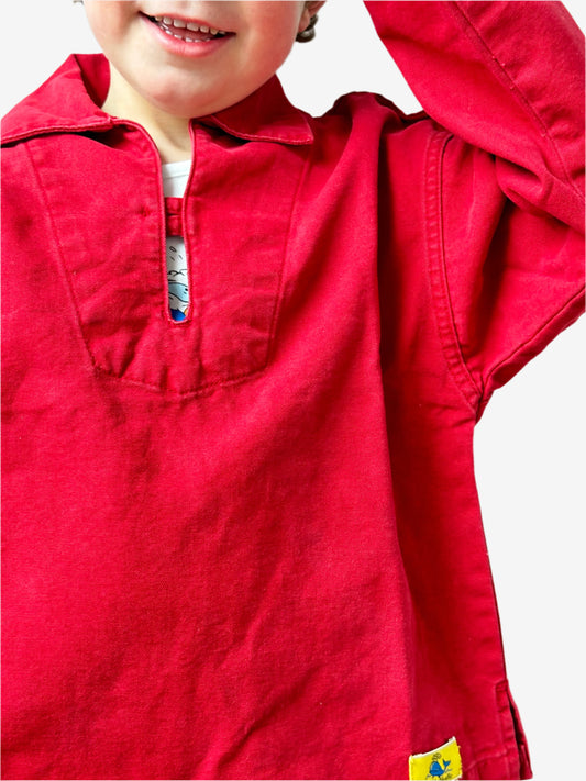 Kids Vintage Fisherman Smock Top in canvas material and classic vintage red with yellow badge. Age 6 yrs.