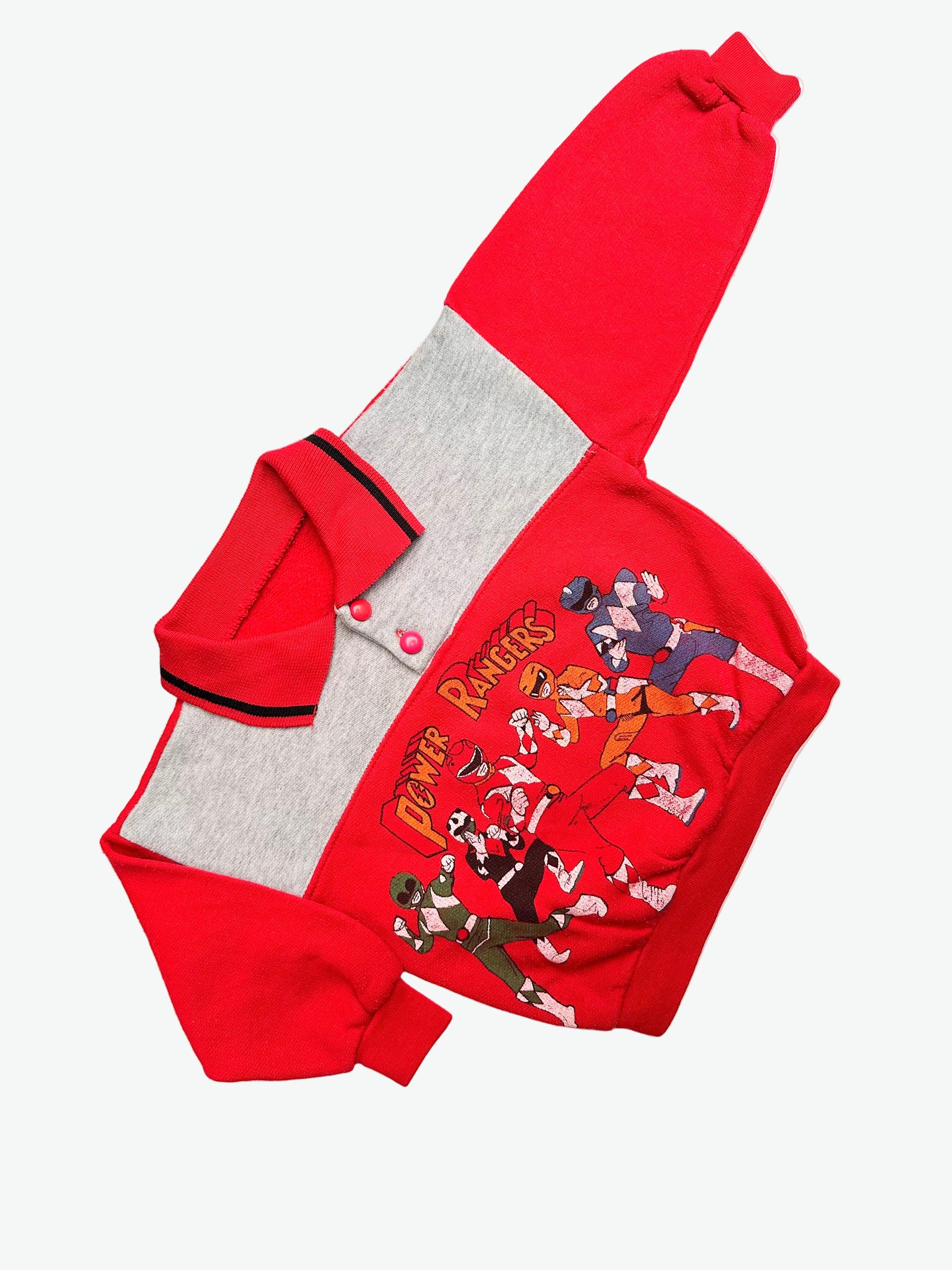 Red and grey collared jumper with the power rangers on the front on a white background
