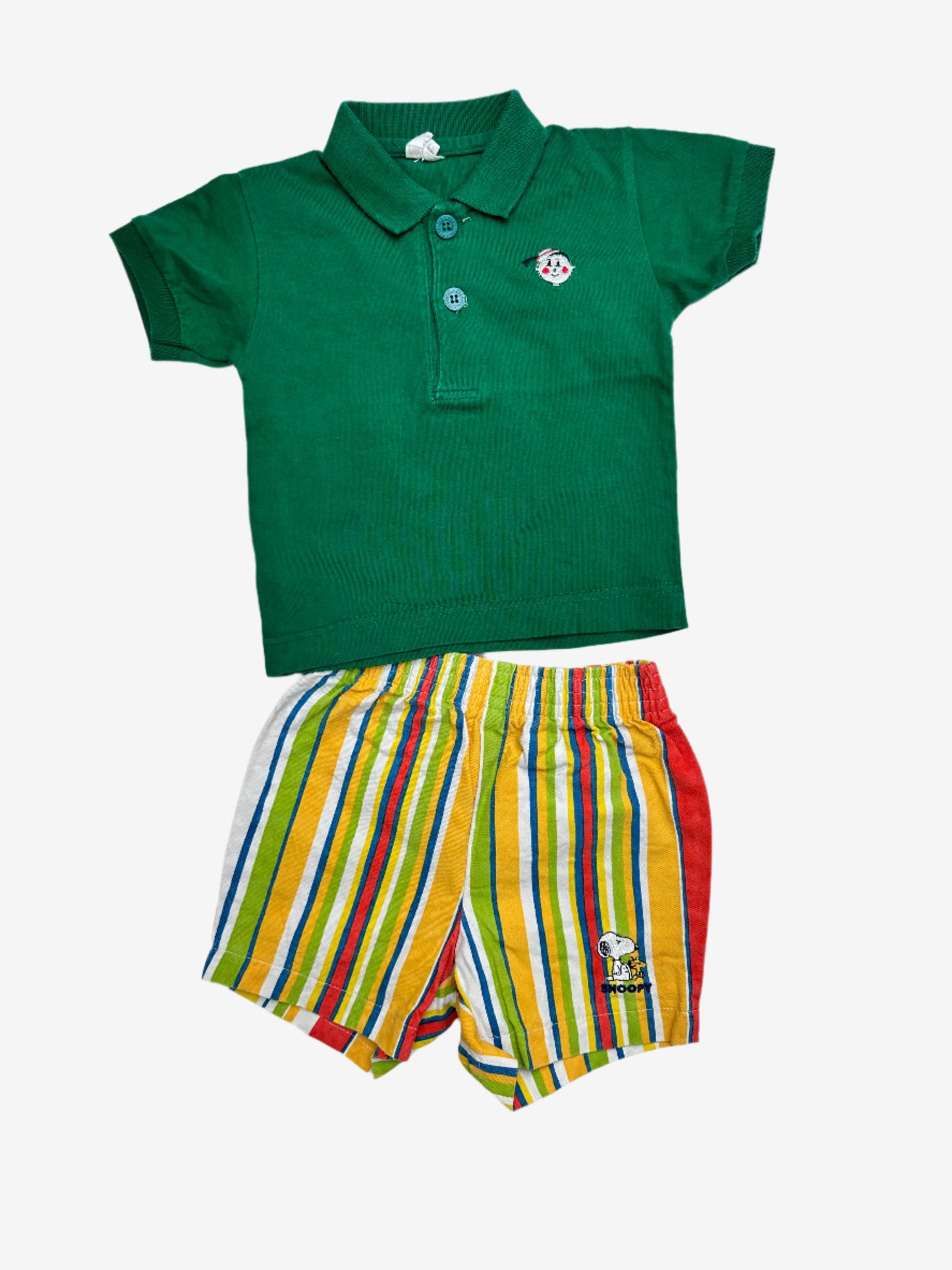Kids  Vintage outfit - Snoopy embroidered shorts, Striped multi-colour, Age 1-2 years. Green Polo shirt with embroidered character. 