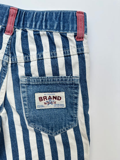Kids vintage denim bold stripe shorts with red details and badge on back pocket. Made in UK. Age 5 years.