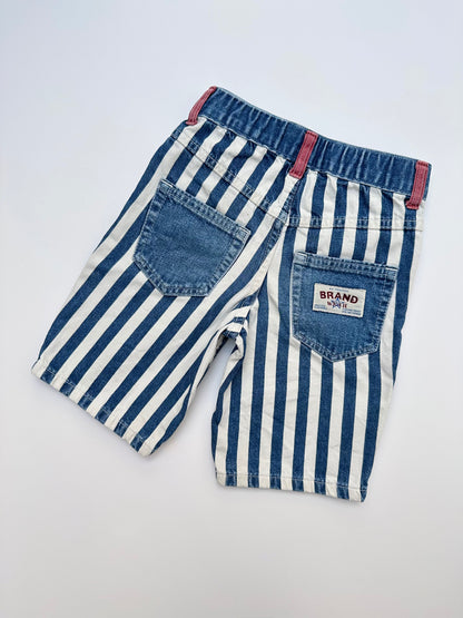 Kids vintage denim bold stripe shorts with red details and badge on back pocket. Made in UK. Age 5 years.
