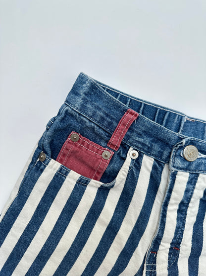Kids vintage denim bold stripe shorts with red details and badge on back pocket. Made in UK. Age 5 years.