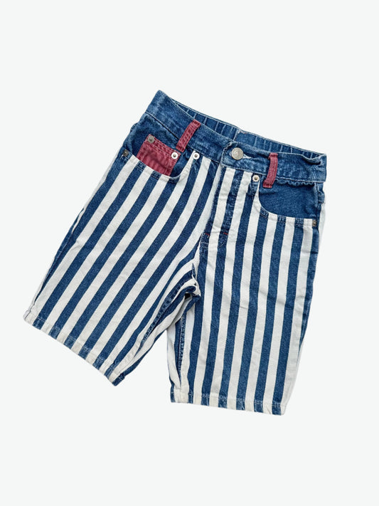 Kids vintage denim bold stripe shorts with red details and badge on back pocket. Made in UK. Age 5 years.