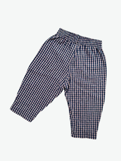 Kids vintage Snoopy Trousers in a navy and red checkered lightweight material with  Snoopy embroidery. Age 18 Months.
