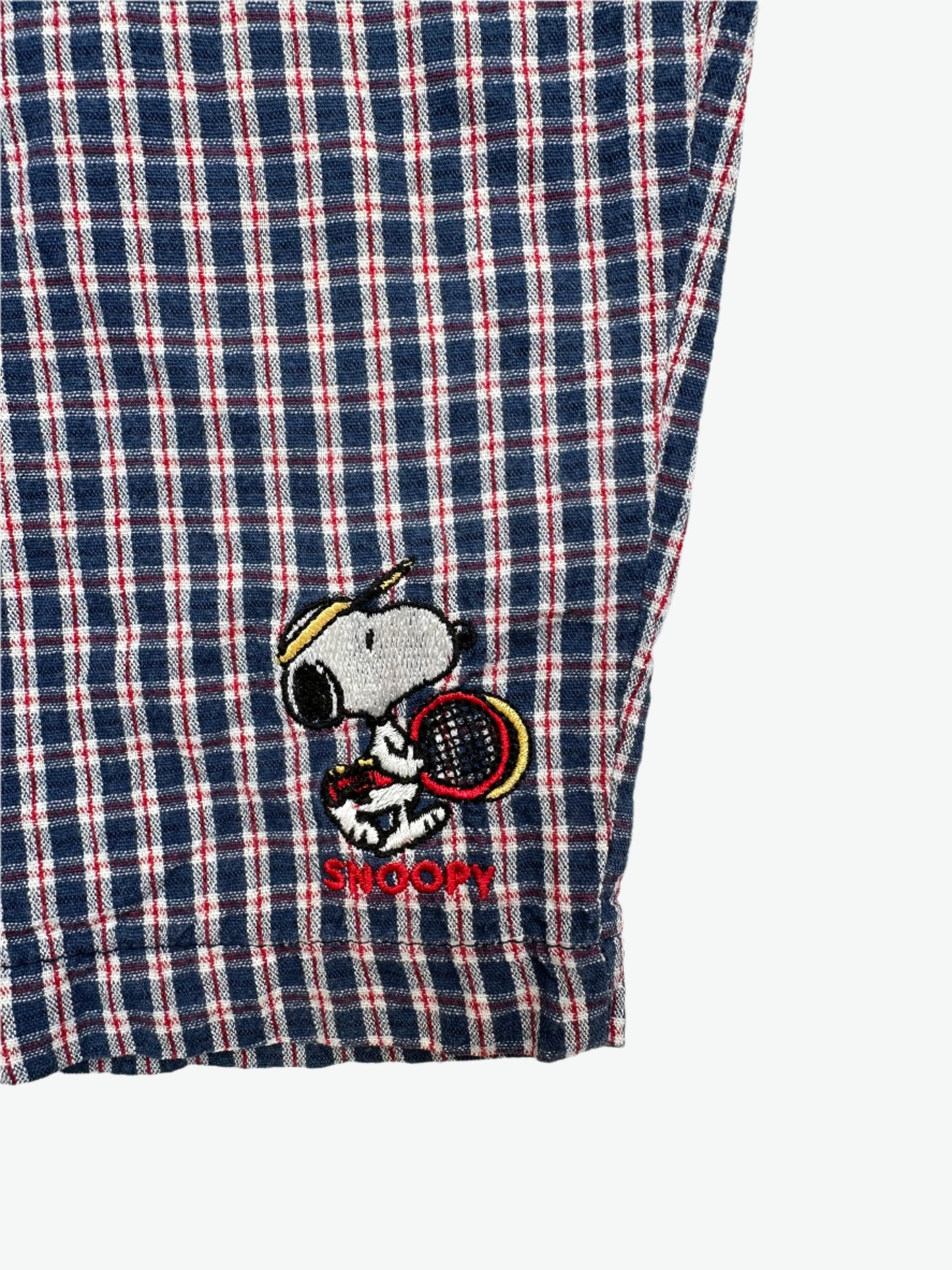 Kids vintage Snoopy Trousers in a navy and red checkered lightweight material with  Snoopy embroidery. Age 18 Months.