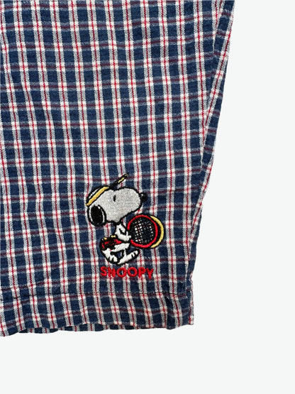Kids vintage Snoopy Trousers in a navy and red checkered lightweight material with  Snoopy embroidery. Age 18 Months.