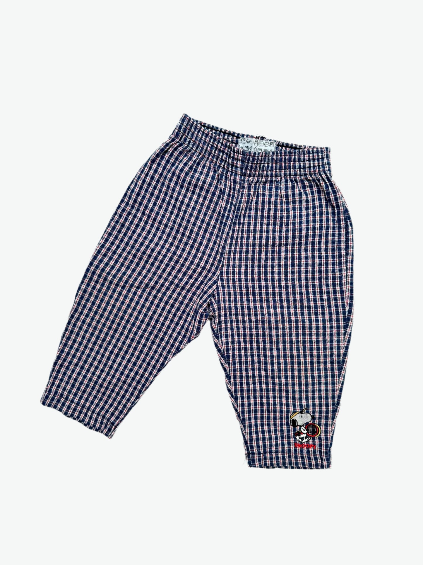 Kids vintage Snoopy Trousers in a navy and red checkered lightweight material with  Snoopy embroidery. Age 18 Months.