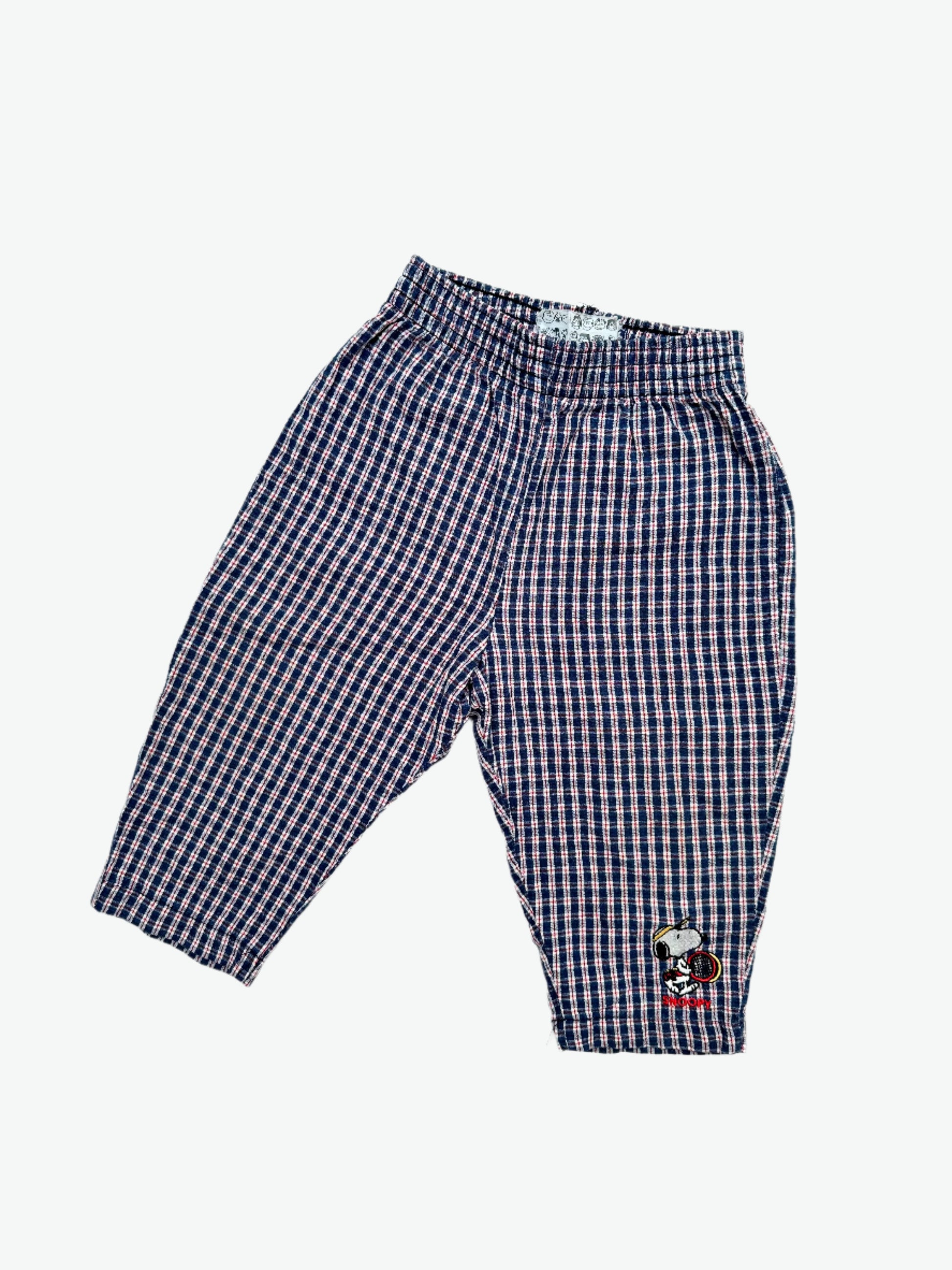 Kids vintage Snoopy Trousers in a navy and red checkered lightweight material with  Snoopy embroidery. Age 18 Months.