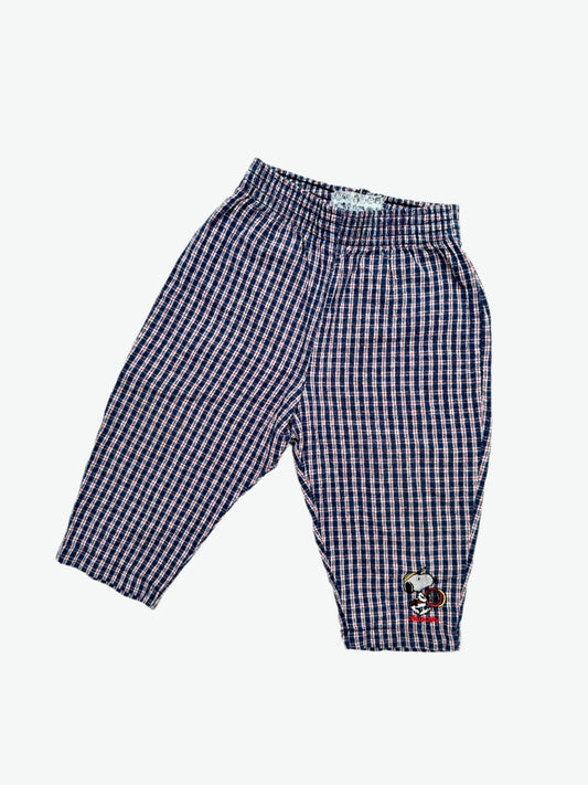 Kids vintage Snoopy Trousers in a navy and red checkered lightweight material with  Snoopy embroidery. Age 18 Months.