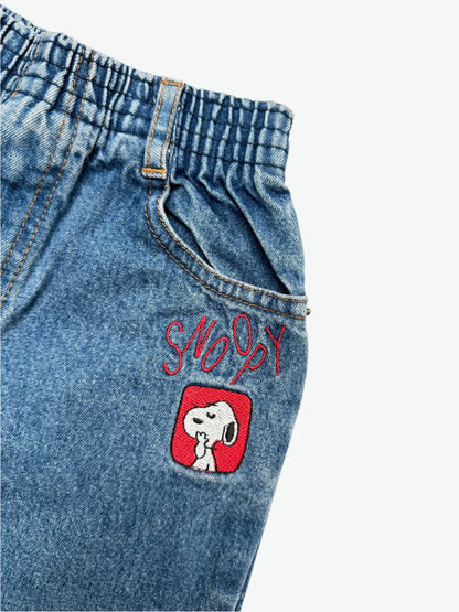 Kids Vintage denim jeans with Snoopy embroidery and elasticated waist for comfort, faded in all the right places. Age 2 years.