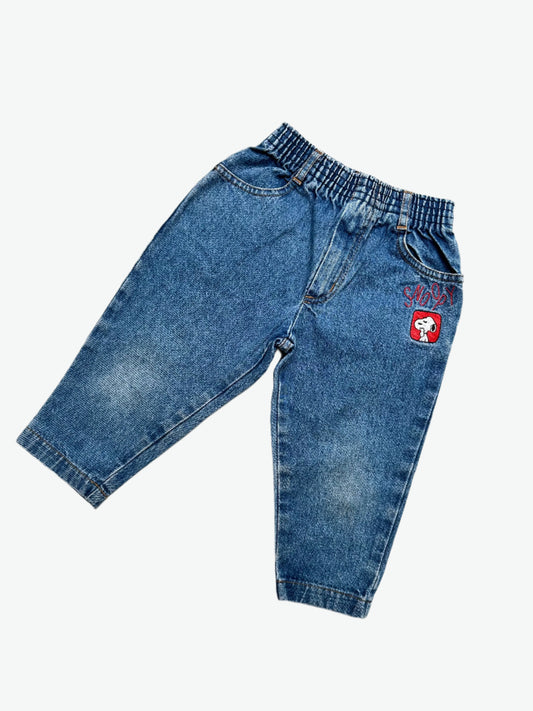 Kids Vintage denim jeans with Snoopy embroidery and elasticated waist for comfort, faded in all the right places. Age 2 years.