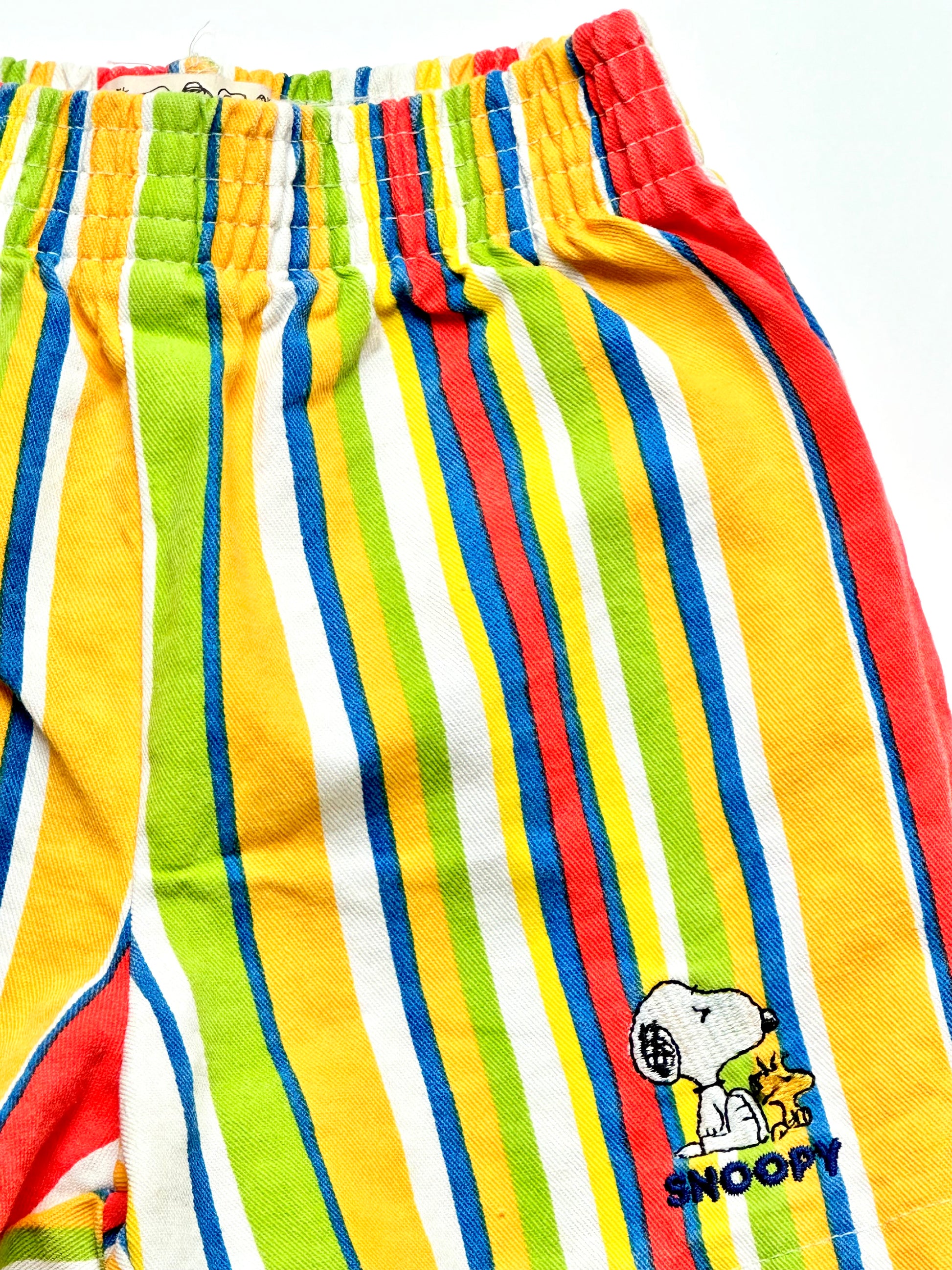Kids vintage Snoopy shorts, Striped multi-colour, Age 1 -2 years. Colourful summer. Embroidery detail.