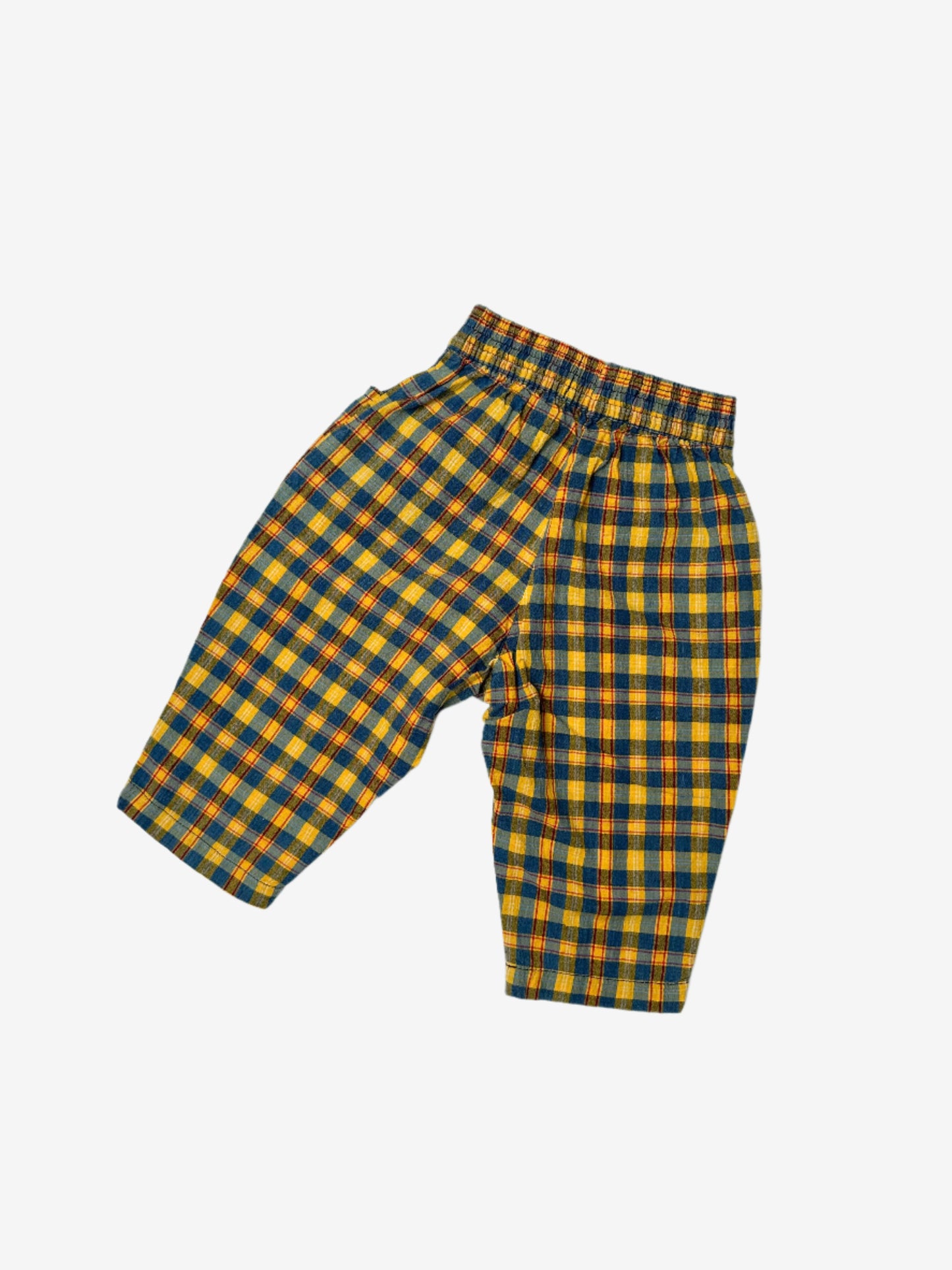 Kids vintage relaxed trouser, Yellow and Blue check pattern, Snoopy Embroidery. Age 1 year.