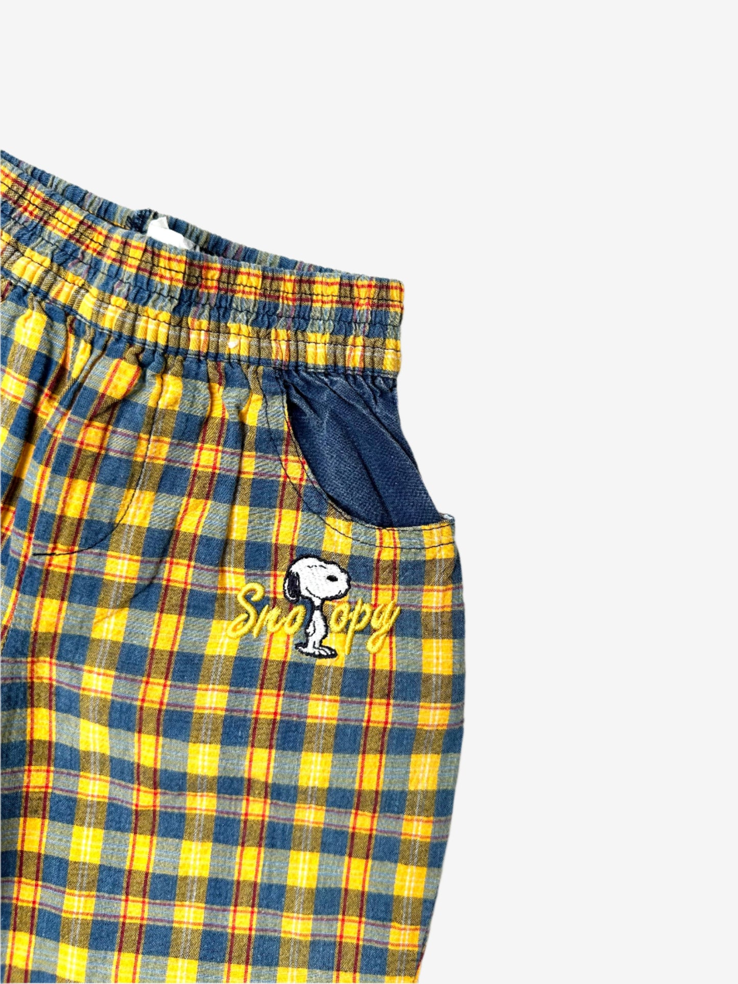 Kids vintage relaxed trouser, Yellow and Blue check pattern, Snoopy Embroidery. Age 1 year.