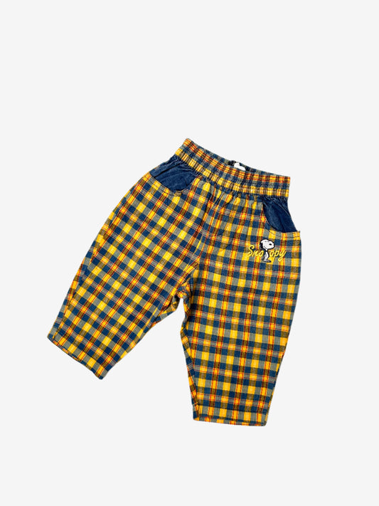Kids vintage relaxed trouser, Yellow and Blue check pattern, Snoopy Embroidery. Age 1 year.