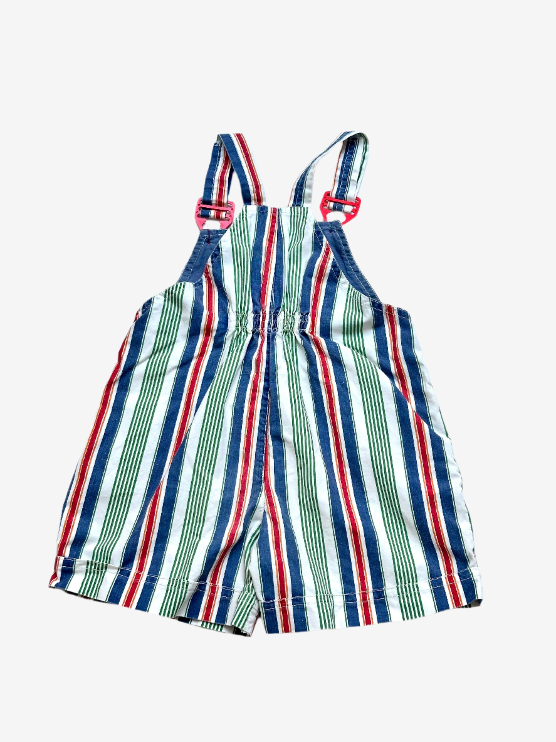Kids Vintage multi-colour stripe short Dungarees,  with red trimmings, Age 18-24 months.
