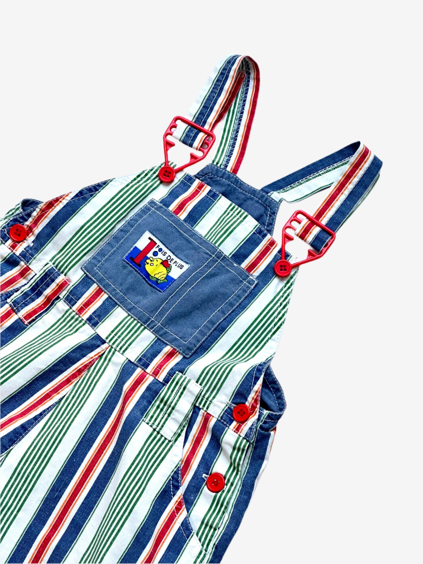 Kids Vintage multi-colour stripe short Dungarees,  with red trimmings, Age 18-24 months.