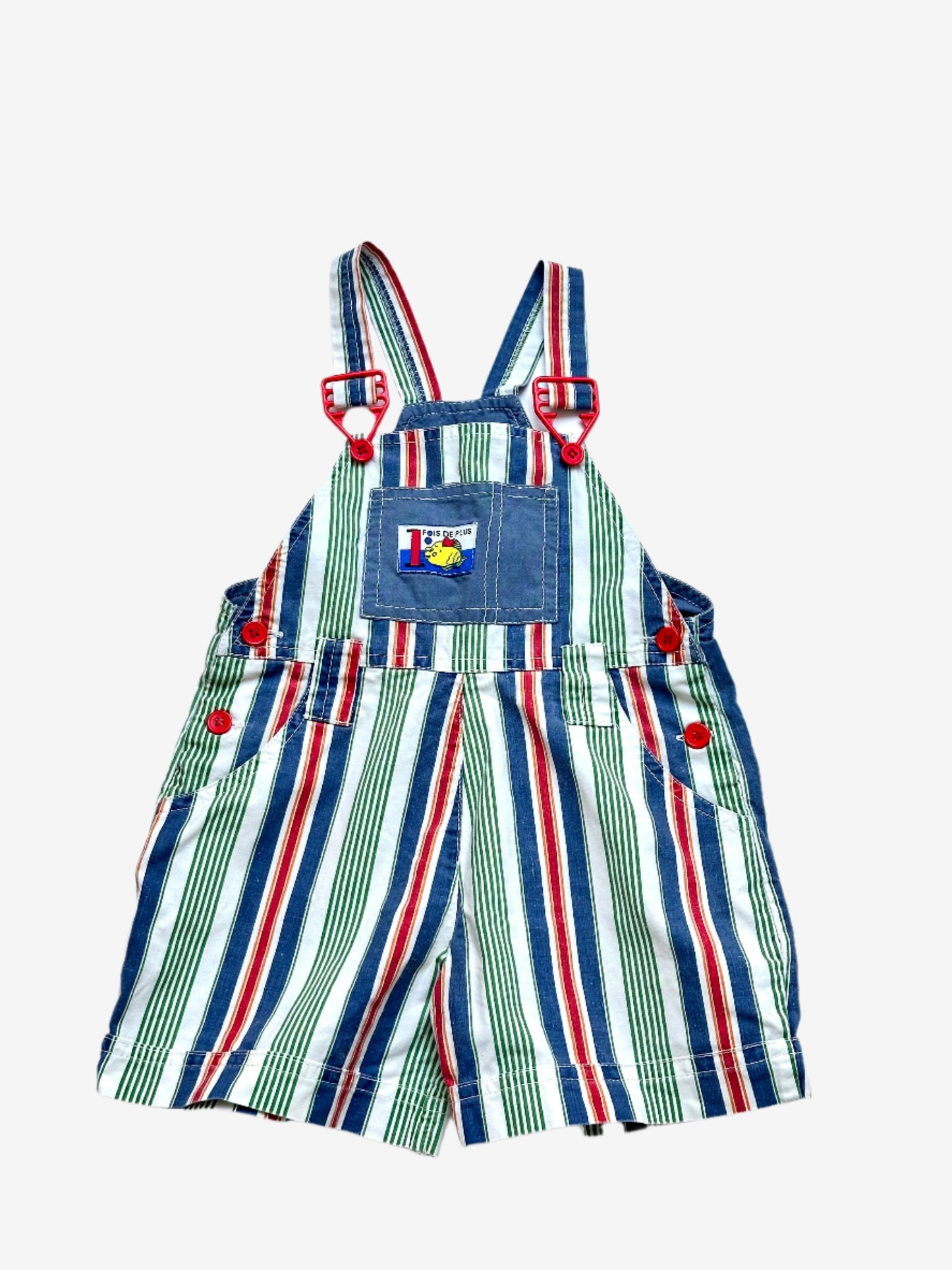 Kids Vintage multi-colour stripe short Dungarees,  with red trimmings, Age 18-24 months.