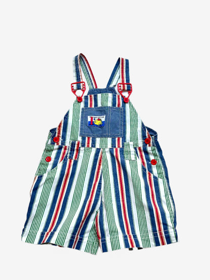 Kids Vintage multi-colour stripe short Dungarees,  with red trimmings, Age 18-24 months.