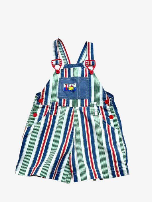 Kids Vintage multi-colour stripe short Dungarees,  with red trimmings, Age 18-24 months.