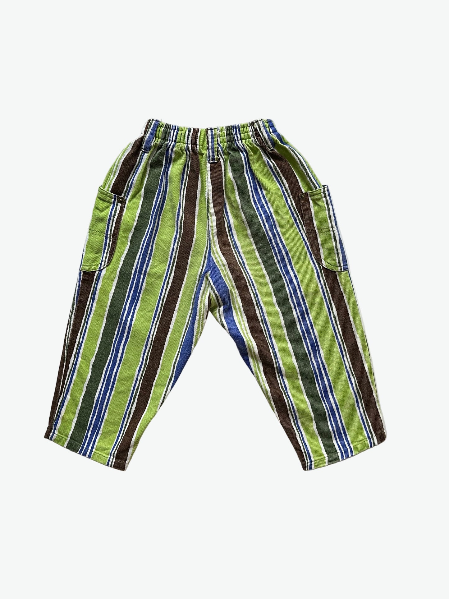 Kids vintage Striped pants with green, blue, and brown colours on a white background
