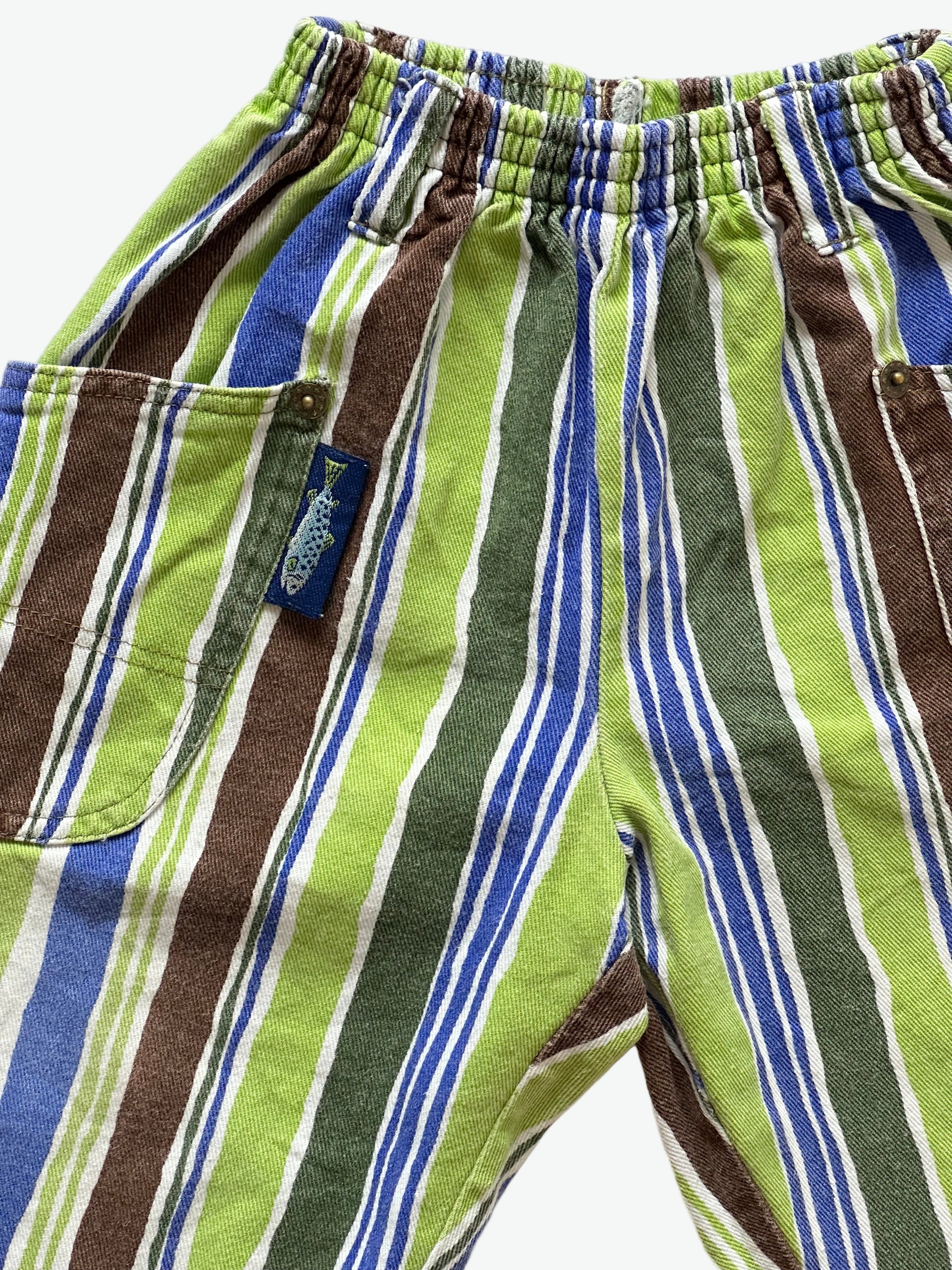 Kids vintage Striped pants with green, blue, and brown colours on a white background