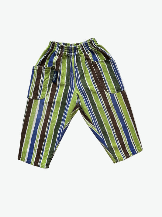 Kids vintage Striped pants with green, blue, and brown colours on a white background.
